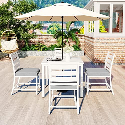 EMKK 5-Piece Indoor Outdoor Wicker Dining Set Furniture for Patio, Backyard w/Square Glass Tabletop, Umbrella Cutout, 4 Chairs, H-White - CookCave