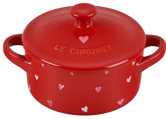 Le Creuset L'Amour Collection Stoneware Mini Round Cocotte, 8oz., Cerise with Heart Applique - CookCave