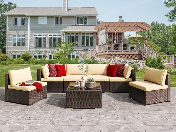 Qsun 7-Piece Patio Furniture Set, Outdoor Sectional PE Wicker Rattan Patio Set. Outdoor Furniture a Glass Coffee Table for Porch Poolside Balcony (Brown Rattan, Beige Cushion) - CookCave