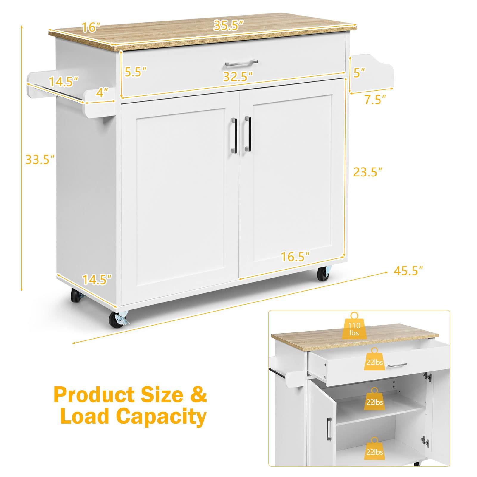 HAPPYGRILL Kitchen Island Rolling Cart on Wheels, Kitchen Storage Cart Trolley with Adjustable Shelf, Drawer, Spice Rack, Towel Holder & 2-Door Cabinet, Utility Buffet Cabinet for Dining Room, White - CookCave