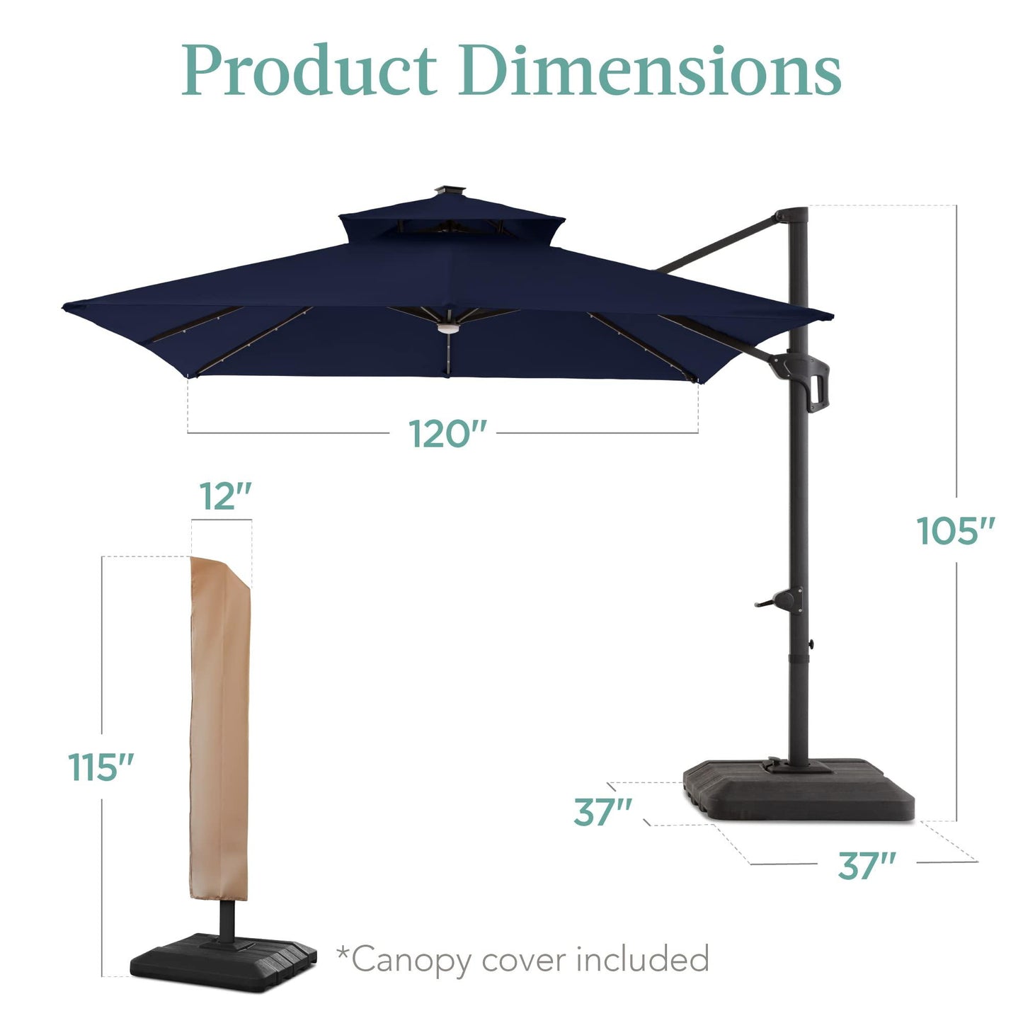 Best Choice Products 10x10ft 2-Tier Square Cantilever Patio Umbrella with Solar LED Lights, Offset Hanging Outdoor Sun Shade for Backyard w/Included Fillable Base, 360 Rotation - Navy Blue - CookCave