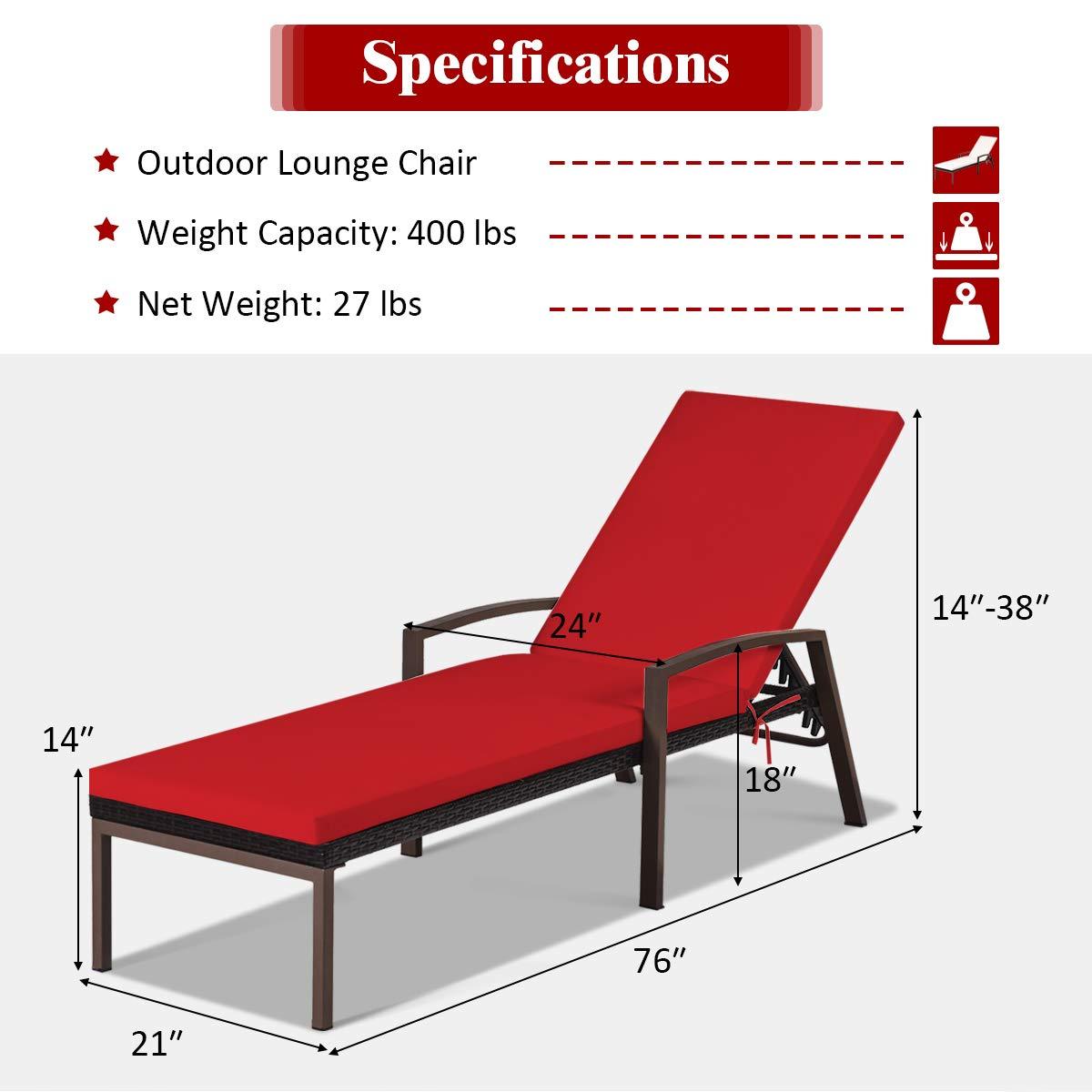 Tangkula Patio Rattan Lounge Chair, Outdoor Reclining Chaise with Cushion and Armrest, Wicker Sun Lounger with Adjustable Backrest for Garden, Balcony, Poolside (1, Red) - CookCave