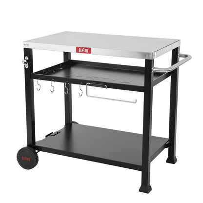 Feasto 3-Shelf Movable Food Prep and Pizza Oven Table, BBQ Grill Cart, Indoor & Outdoor Multifunctional Stainless Steel Grill Table on 2 Wheels, L39.5 x W25.6 x H33 - CookCave