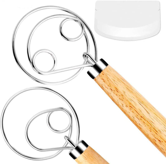 FUANRTK Danish Dough Whisk Bread Mixer，2 Pack Premium Stainless Steel Dutch Whisk With a Dough Scraper for Bread, Pastry or Pizza Dough - Perfect Baking - CookCave