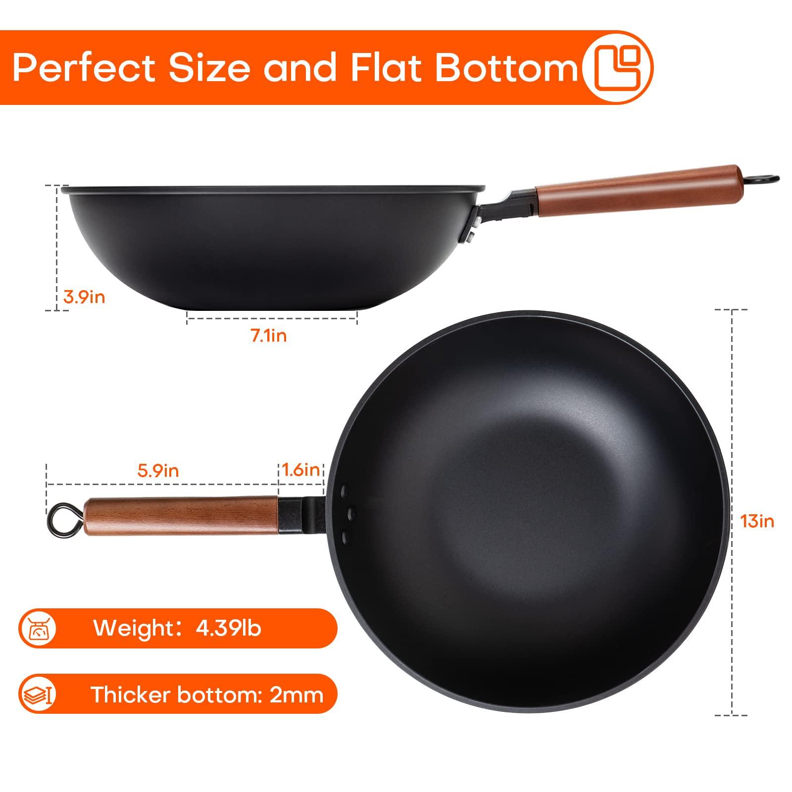 Eleulife Carbon Steel Wok, 13 Inch Wok Pan with Lid and Spatula, Nonstick Woks and Stir-fry Pans, No Chemical Coated Flat Bottom Chinese Wok for Induction, Electric, Gas, All Stoves - CookCave