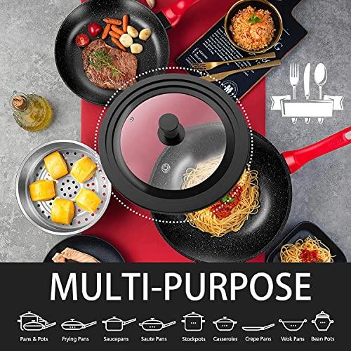 Universal Lid for Pots, Pans and Skillets - Tempered Glass with Heat Resistant Silicone Rim and Heat Resistant Handle Fits 6.5", 7" and 8" Diameter Cookware, Black - CookCave