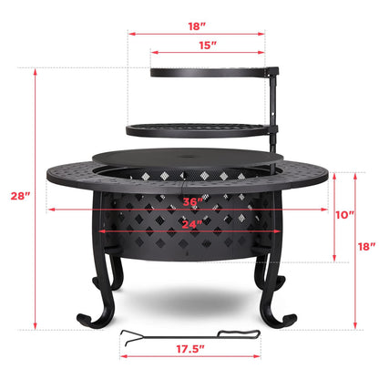 PaPaJet 36 Inch Fire Pit with 2 Grill, Outdoor Wood Burning Firepit with Lid, Metal Round Table for Backyard Patio Garden Picnic Camping Bonfire - CookCave