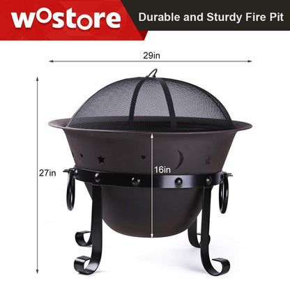 Wostore Outdoor Fire Pit, 29 Inch Large Bonfire Pit, Extra Deep Heavy Duty Cast Iron Patio & Backyard Firepit with Spark Screen, Grate and Poker - CookCave