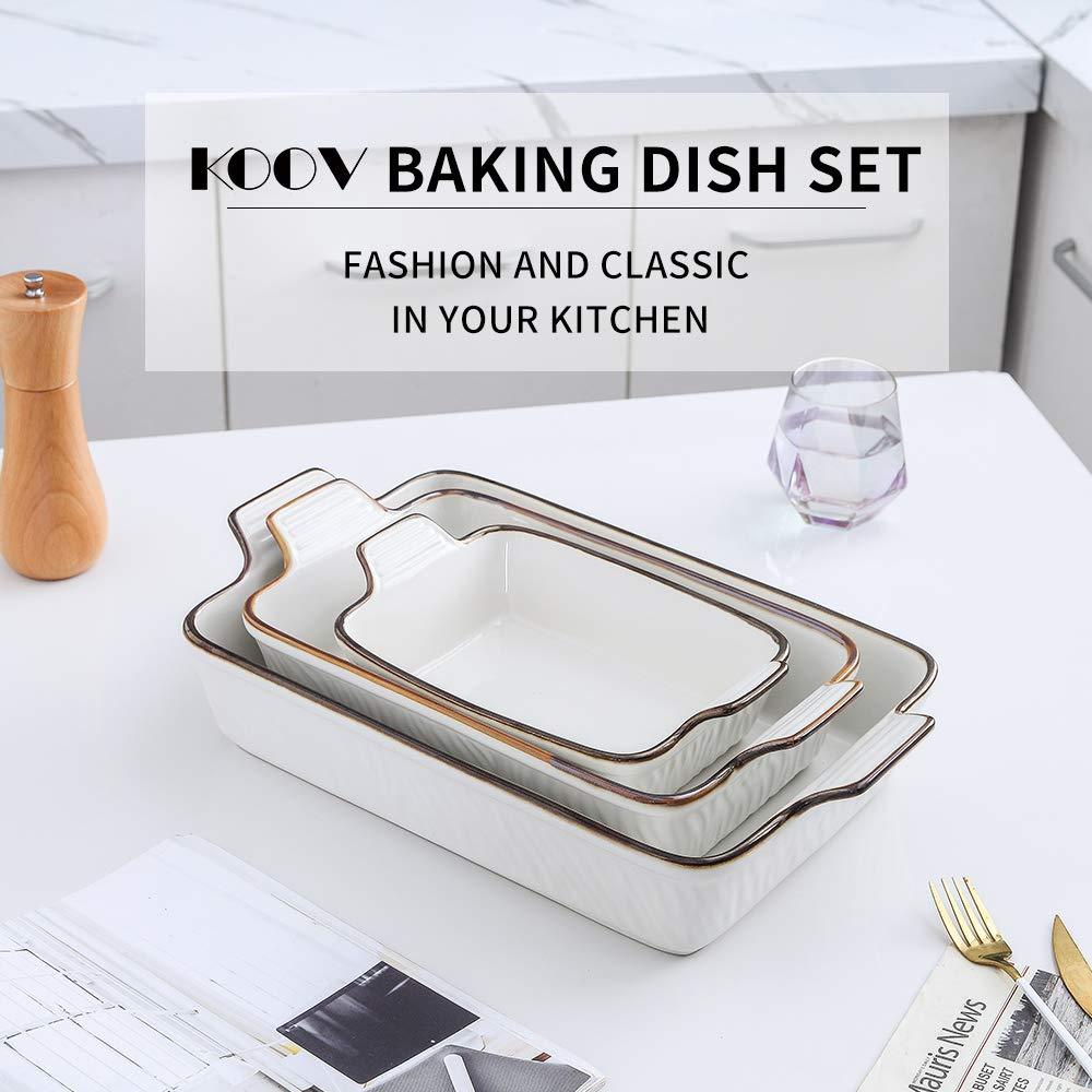 KOOV Bakeware Set, Ceramic Baking Dish Set, Rectangular Casserole Dish Set, Lasagna Pans for Cooking, Cake Dinner, Kitchen, 9 x 13 Inches, Texture Series 3-Piece (White) - CookCave