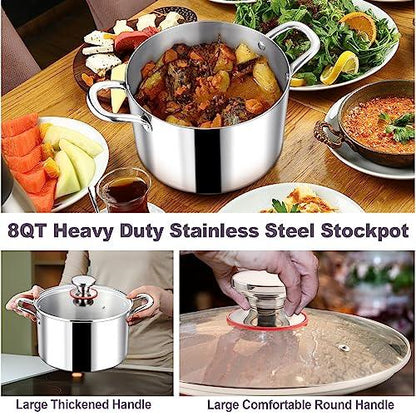 LIANYU 8QT 18/10 Stainless Steel Soup Pot with Lid, 8 Quart Stock Pot With Triple Ply, Heavy Duty Pasta Soup Canning Stockpot, Induction Pot for Boiling Strew Simmer, Big Cookware Cooking Pot - CookCave