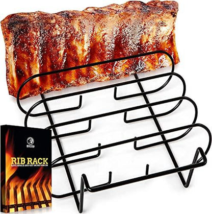 MOUNTAIN GRILLERS BBQ Rib Racks for Smoking, Gas Smoker or Charcoal Grill, Sturdy & Non Stick Standing for gas grill, bbq grill, Holds Up to 5 Baby Back Ribs, Grilling & Barbecue Gifts for Men Black - CookCave