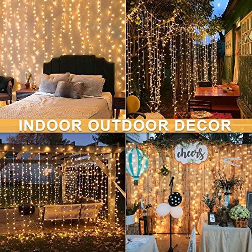 JMEXSUSS 600 LED Christmas Curtain Lights Outdoor, 9.5x19.6ft Christmas String Lights Plug in with Remote, 8 Modes Wall Hanging Lights for Bedroom Party Backdrop Wedding Christmas Decor, Warm White - CookCave