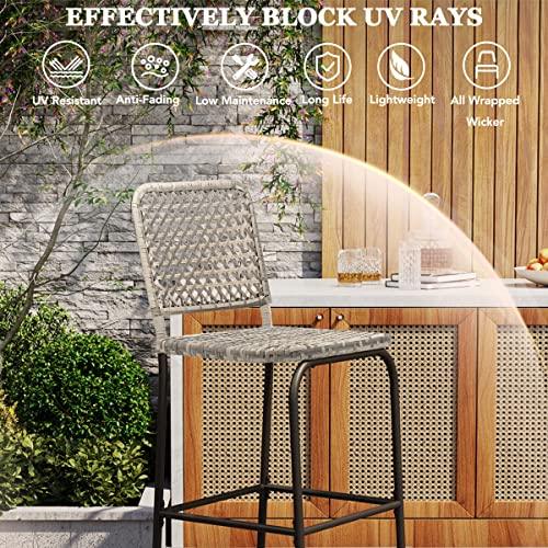 Sundale Outdoor Patio Bar Stools Set of 2, Hand Woven PE Rattan Hollow Back Armless Barstools for Deck Yard Porch, All-Weather Gradient Grey Wicker Outside Tall Chair Set - CookCave