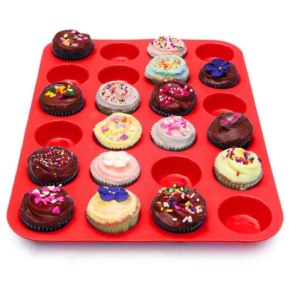 E KAINI 24 Cup Silicone Muffin Mini Cupcak Reusable Tope Baking Pan Set Non Stick cake molds/Dishwasher - Microwave Safe (red/2pack) - CookCave