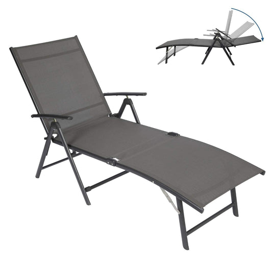 Circrane Outdoor Lounge Chair, Textiline Folding Chaise, Lounge Recliner for Beach/Yard/Pool/Patio with 7-Positions Adjustable backrest & Foldable Footrest (Grey) - CookCave