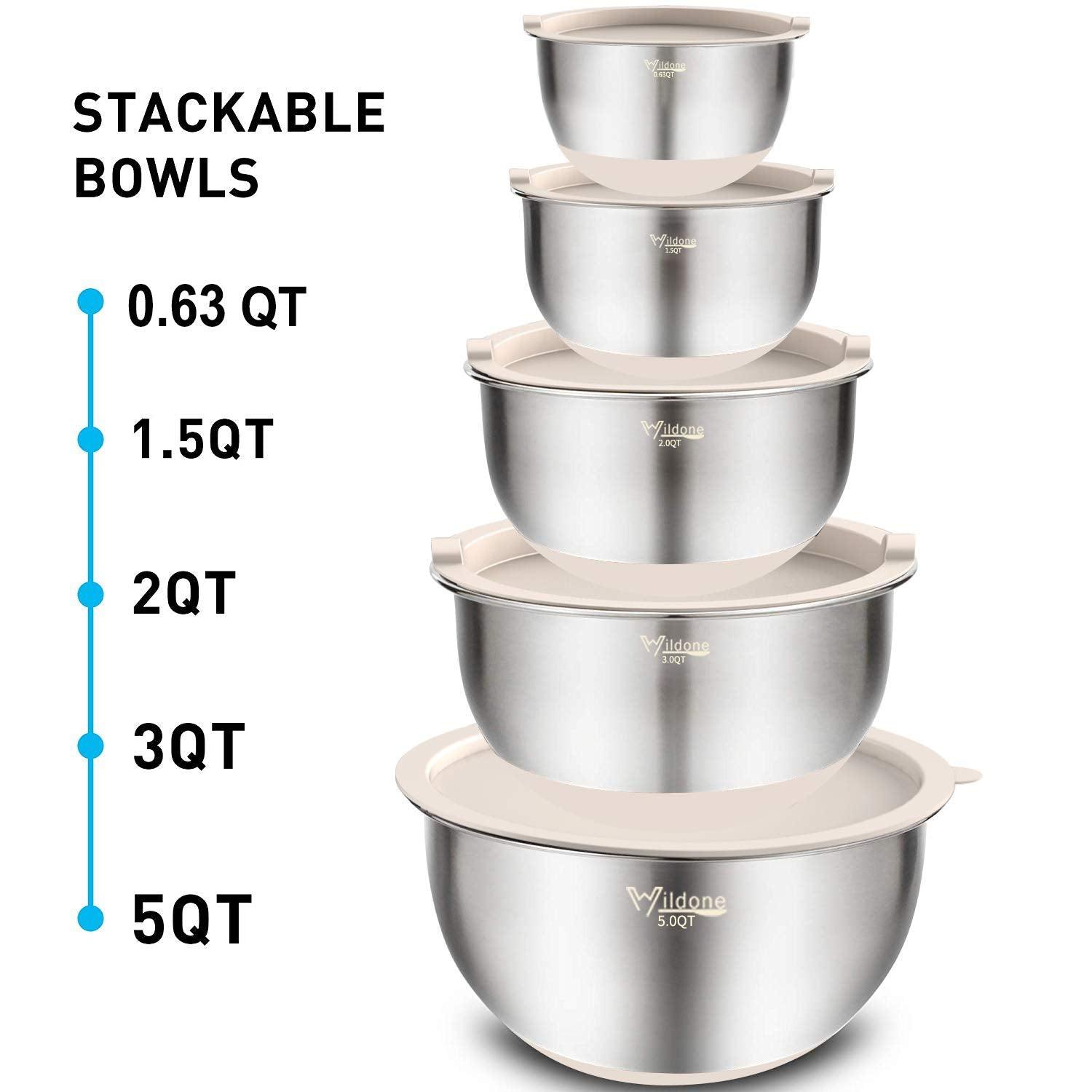 Wildone Mixing Bowls Set of 5, Stainless Steel Nesting Bowls with Khaki Lids, 3 Grater Attachments, Measurement Marks & Non-Slip Bottoms, Size 5, 3, 2, 1.5, 0.63 QT, Great for Mixing & Serving - CookCave