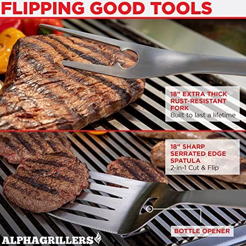 Alpha Grillers Grill Set Heavy Duty BBQ Accessories - BBQ Gifts Tool Set 4pc Grill Accessories with Spatula, Fork, Brush & BBQ Tongs - Grilling Cooking Gifts for Men Dad Durable, Stainless Steel - CookCave