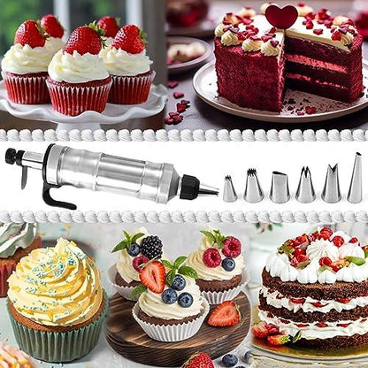 FANTEXY Dessert Decorating Syringe Set, Icing Piping Kit Stainless Steels Cake Decorating Tools 6 Piping Icing Nozzles Cupcake Decorating Kit - CookCave