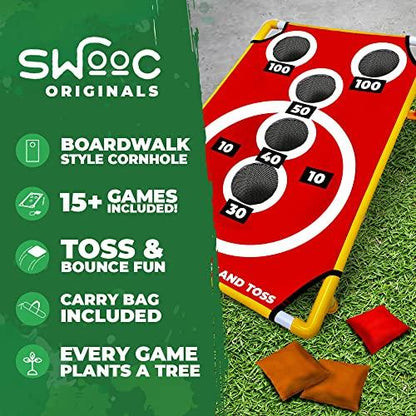 SWOOC Games - Coney Island Toss - Boardwalk Inspired Cornhole Bounce Game with Carrying Case (15+ Games Included) - PVC Corn Hole Bean Bag Toss Game for Kids and Adults - Corn Holes Outdoor Game Set - CookCave
