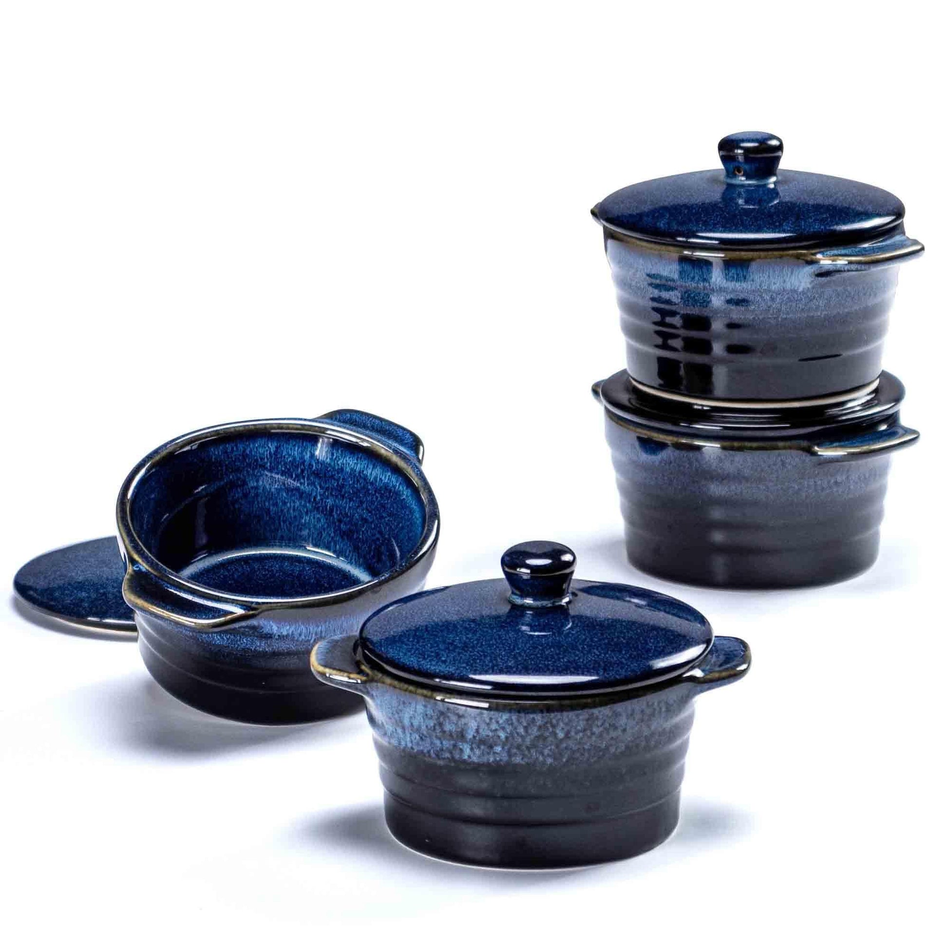 Henten Home Ceramic 8 oz Ramekins with Lid, Porcelain Mini Cocotte with Handle Set of 4, Reactive Glaze Samll Casseroles Dishfor Baking, Custard Cup, Pudding, Crème brûlée (Deep Blue) - CookCave