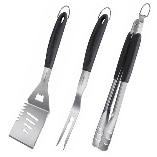 HAUSHOF Large Grill Accessories Heavy Duty BBQ Set Gifts for Men/Women - Premium Stainless Steel Spatula, Fork & Tongs (16.5/16/16.5 in.), Barbecue Utensils Tool Kit Gift for Grilling Lover Outdoor - CookCave