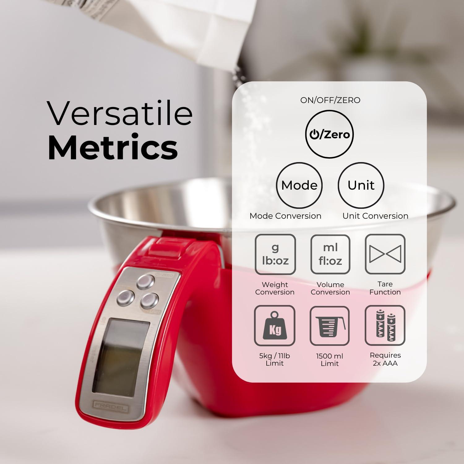 Fradel Digital Kitchen Food Scale with Bowl (Removable) and Measuring Cup - Stainless Steel, Backlight, 11lbs Capacity - Cooking, Baking, Gym, Diet - Precise Measuring (Red) - CookCave