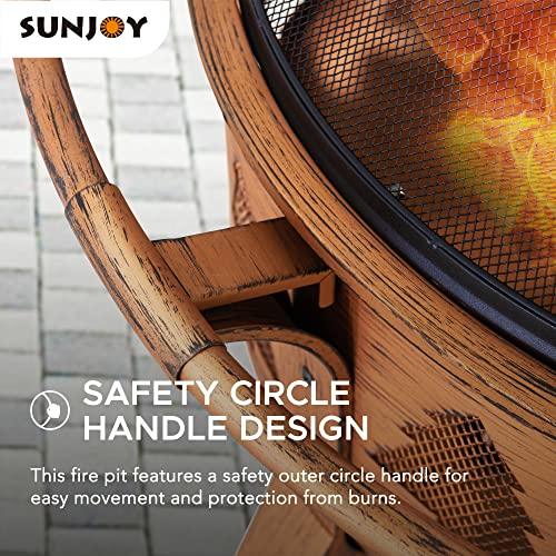 Sunjoy 30 in. Outdoor Wood-Burning Fire Pit, Patio Tree Motif Round Steel Firepit Large Fire Pits for Outside with Spark Screen and Poker - CookCave