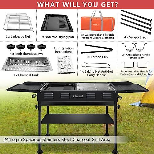 Baisal Portable Charcoal Grills for Outdoor BBQ, Foldable Camping Barbecue Hibachi Kabob Grill, 1.6 Ft² Barbeque Area Binchotan Grill with Shelf Carbon Tank and Carry Bag for Backyard Picnic Home - CookCave