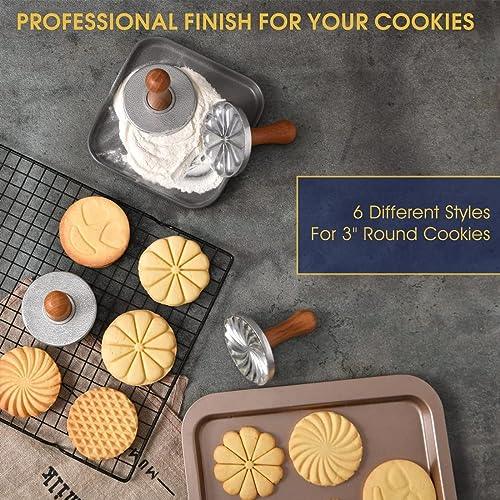 OPPEIN Cookie Stamps Set of 3, Metal Cookie Press Cutter Mold with Wooden Handle, Cookie Decorating Supplies for DIY Baking, Cake, Pastry, Gift Package - CookCave