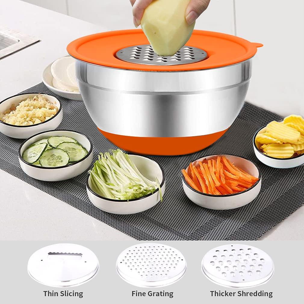 Mixing Bowls with Airtight Lids, 20PCS Stainless Steel Set, Nesting 3 Grater Attachments & Non-Slip Bottoms, Size7, 4, 3, 2, 1.5, 1QT for Baking&Prepping - CookCave