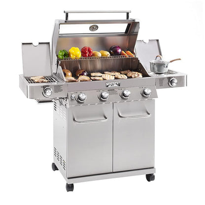 Monument Grills Larger 4-Burner Propane Gas Grills Stainless Steel Cabinet Style with Clear View Lid, LED Controls, Built in Thermometer, and Side & Infrared Side Sear Burners - CookCave