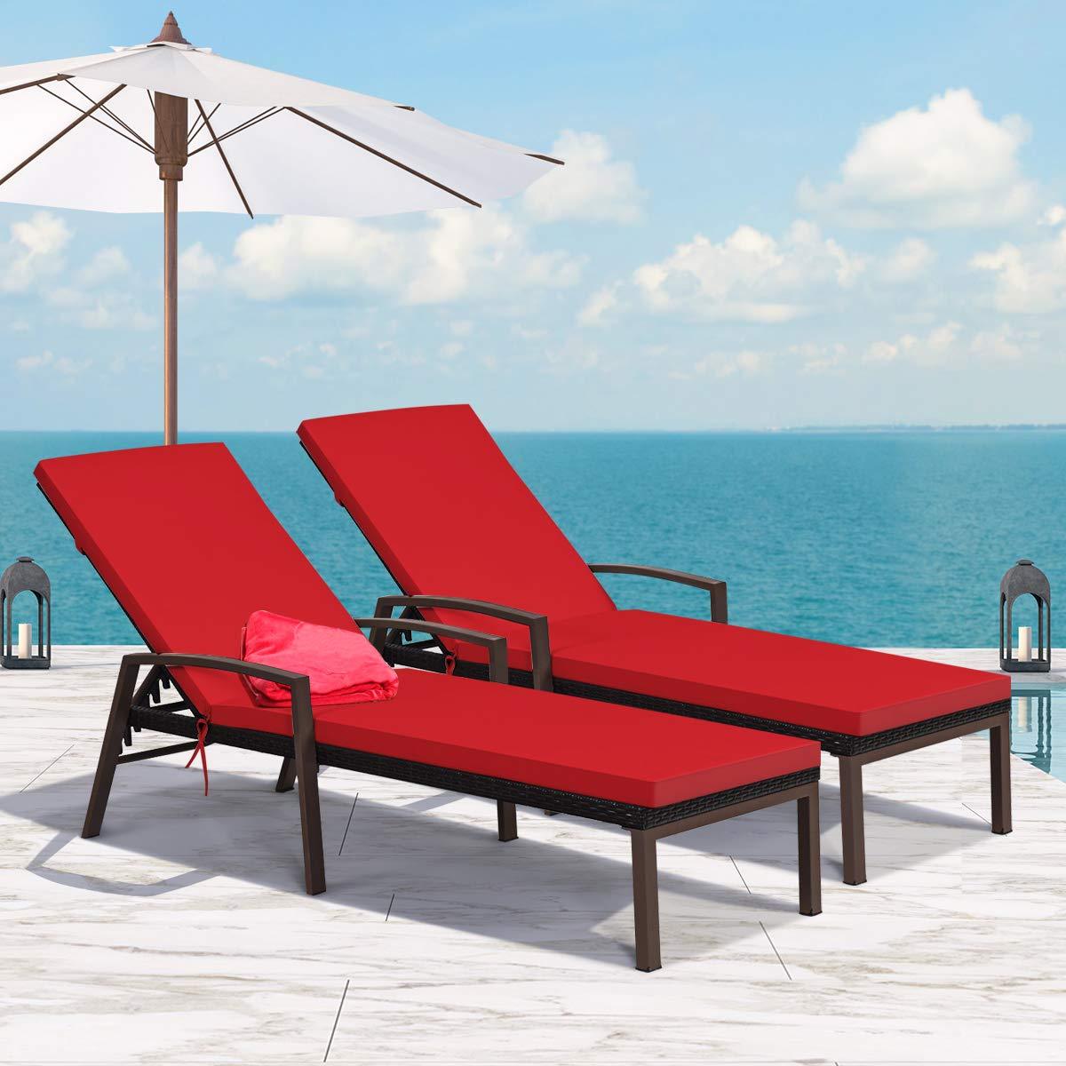Tangkula Patio Rattan Lounge Chair, Outdoor Reclining Chaise with Cushion and Armrest, Wicker Sun Lounger with Adjustable Backrest for Garden, Balcony, Poolside (1, Red) - CookCave