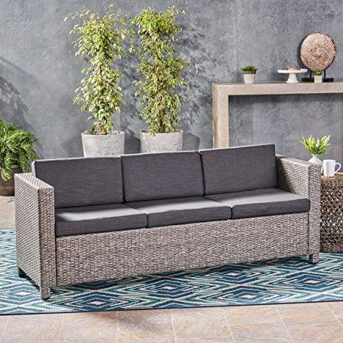 Christopher Knight Home Puerta Outdoor Wicker 3-Seater Sofa, Mix Black / Dark Grey Cushion - CookCave