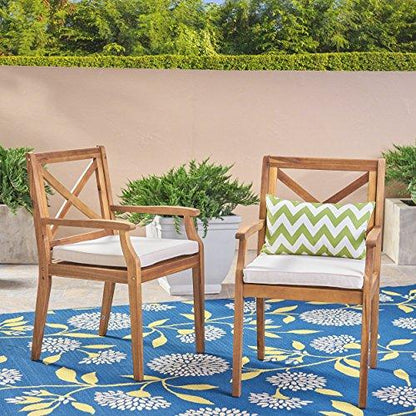 Christopher Knight Home Peter | Outdoor Acacia Wood Dining Chair Set of 2, Teak/Cream Cushion - CookCave