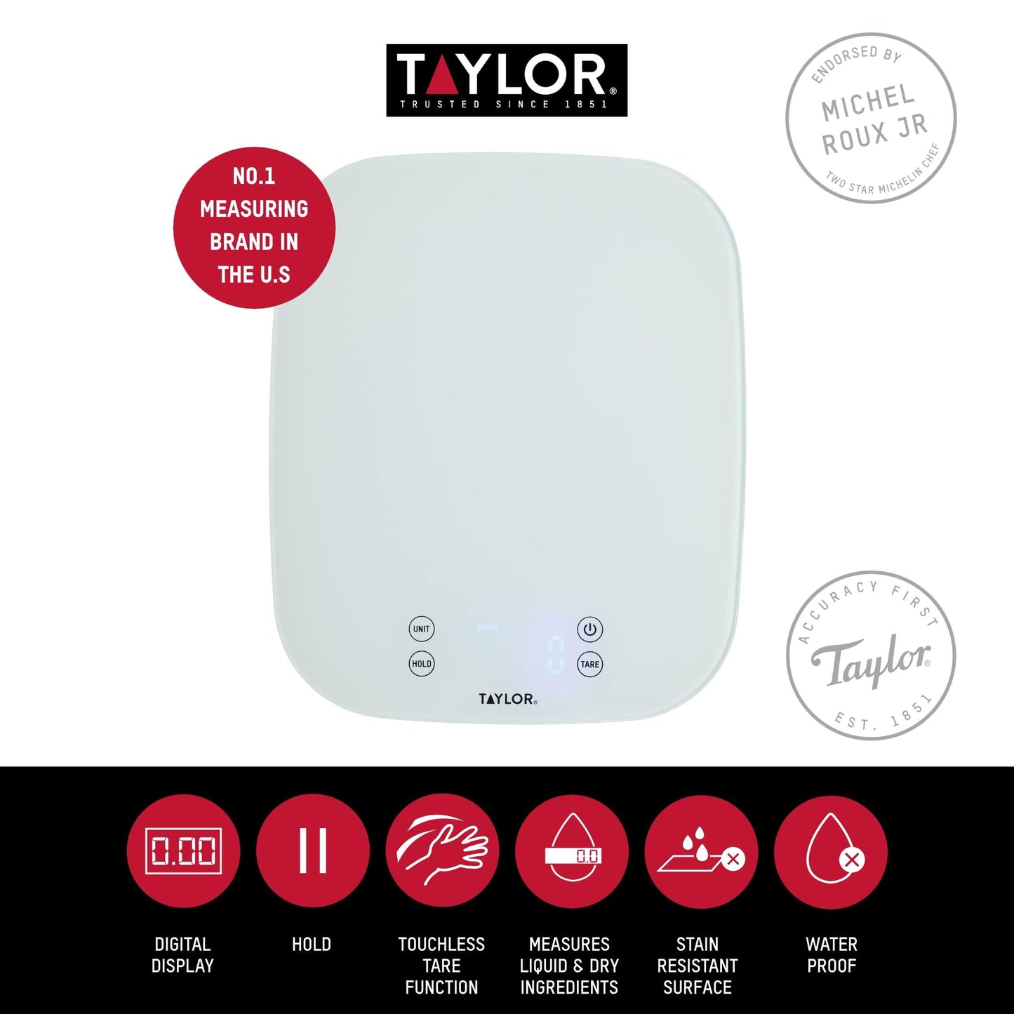 Taylor Pro Digital Kitchen Food Scales, Compact Professional Standard with Precision Accuracy and Waterproof Design with Tare Feature, White Glass, Weighs 14 kg/14 L Capacity - CookCave