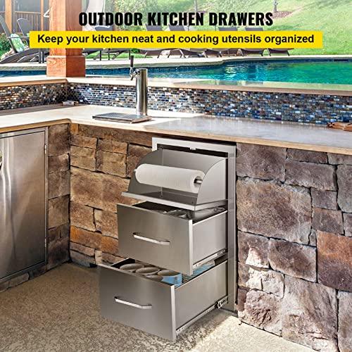 Mophorn 17W x 30H x 21D Inch Outdoor Kitchen Stainless Steel Double Access Drawers with Paper Towel Holder Combo for BBQ Island or Grill Station - CookCave