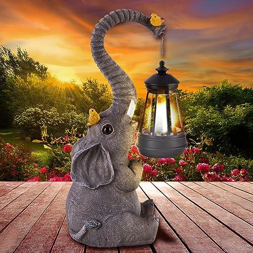 Solar Outdoor Garden Statues Lights, Elephant Figurines with Cute Birds Garden Sculpture Decor, Lucky Elephant Birthday Gifts for Women, Men or Daughter, Unique Housewarming Gifts and Yard Decoration - CookCave