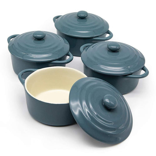 Kook Ceramic Mini Cocotte Set, Small Casserole Dishes with Lids and Handles, Individual Baking Ramekins, Oven, Microwave & Dishwasher Safe, Stoneware, 12 oz, Set of 4 - CookCave