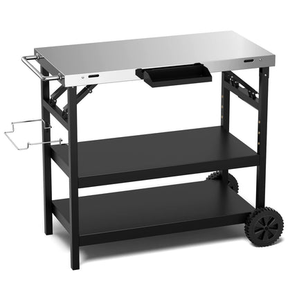 Giantex Outdoor Grill Cart with Wheels, Food Prep Table with 3 Storage Shelves, Detachable Spice Rack, Garbage Bag Holder, 4 Hooks, Movable Dining Cart Worktable Trolley for Outside Kitchen BBQ - CookCave