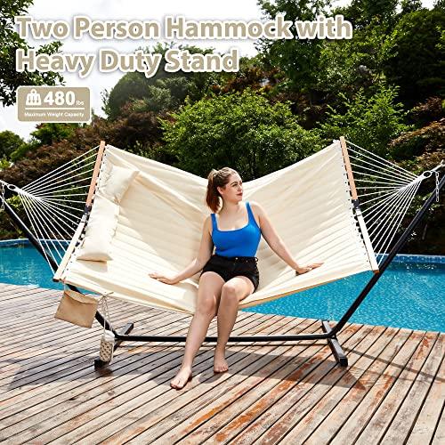 Homgava Two Person Hammock with Stand Heavy Duty, Outdoor Patio Hammock with Portable Steel Stand, Large Double Hammocks,480lbs Capacity.(Off White) - CookCave