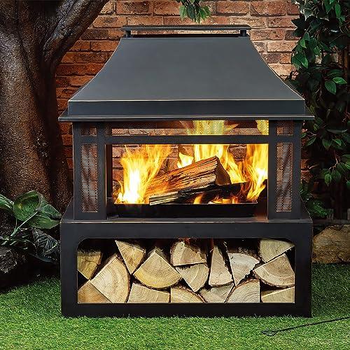 Deko Living Outdoor Wood Burning Fireplace with Wood Storage and Removable Fire Grill - 40 Inch Large Metal Wicker Base Fire Pit for Patio Garden Deck Backyard, Black - CookCave