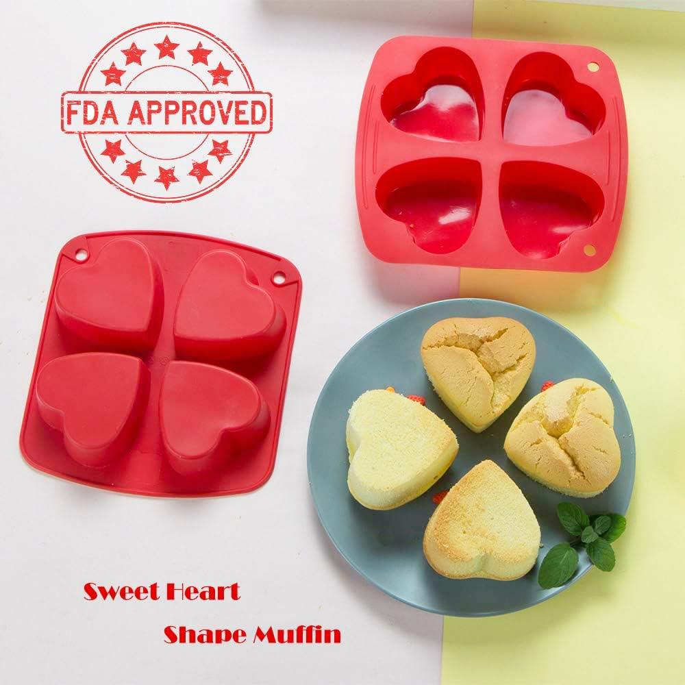 Webake Silicone Heart Mold Heart Shaped Small Cake Pans Muffin Cupcake Mold Tray for Valentine Day Baking, Jelly Pudding Jello Soap Bath Bombs 4 Cavity, 2 Pack - CookCave