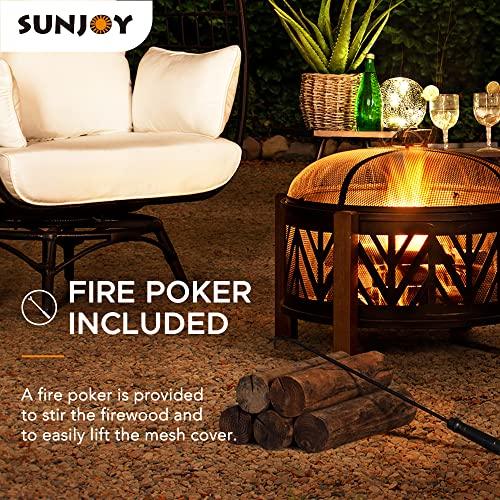 Sunjoy 27 in. Large Fire Pits for Outside Round Wood-Burning Fire Pit, Outdoor Patio Steel Bowl Shape Fire Pit with Mesh Spark Screen and Poker Tool - CookCave