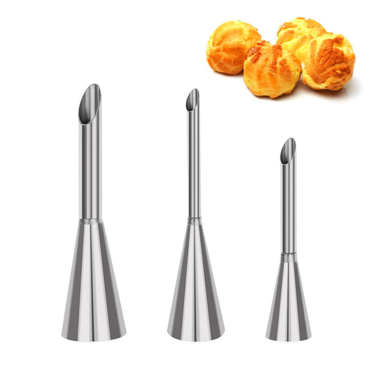 Suuker 3pcs/set Cream Icing Piping Nozzle Tips, Professional Stainless Steel Long Cream Puff Nozzle Decor Small Pastry Icing Piping Decorating Tools(Silver) - CookCave
