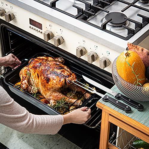 Moss & Stone Carbon Steel Roaster Pan With “V” Shape Removable Roasting Rack Set, 16.5 Inch Rectangular Nonstick Roasting Pan, Turkey Roaster Pan Rack With Carving Fork & Chef Knife - CookCave