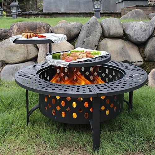 OutVue 36 Inch Fire Pit with 2 Grills, Wood Burning Fire Pits for Outside with Lid, Poker and Round Waterproof Cover, BBQ& Outdoor Firepit & Round Metal Table 3 in 1 for Patio, Picnic, Party (36 inch) - CookCave