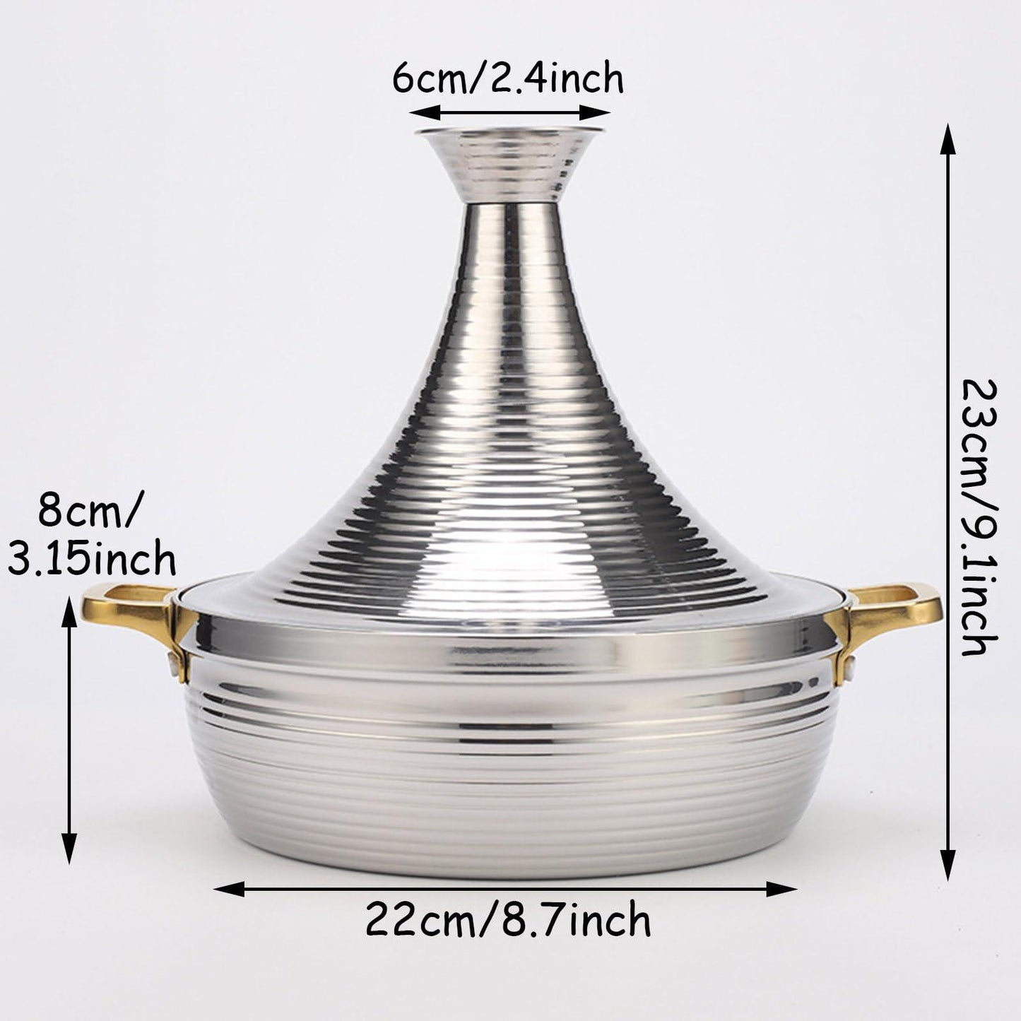 304 Stainless Steel Moroccan Tagine Pot, Non Stick Moroccan Cooking Pot with 2 Handles, Large Moroccan Cooker Handmade Tagine Pot with Cone-Shaped Lid,Silver,22cm - CookCave