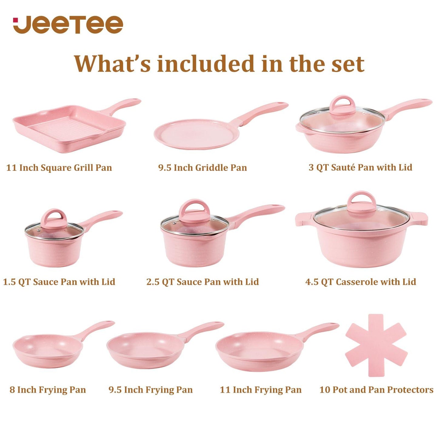 JEETEE Pink Pots and Pans Set Nonstick 23pcs, Healthy Kitchen Cookware Sets, Induction Cooking Set Pink Granite Stone Frying Pans, Saucepans, Sauté Pan, Griddle Pan & Crepe Pan (PFOA Free) - CookCave