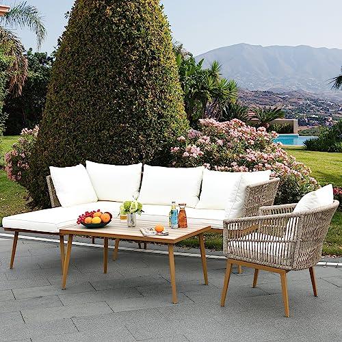 YITAHOME 3 Pieces Patio Furniture Set, Outdoor Rattan Woven Conversation Sectional L-Shaped Sofa with 5 Seater for Backyard, Porch, Boho Detachable Lounger with Cushions and Side Table - Beige - CookCave