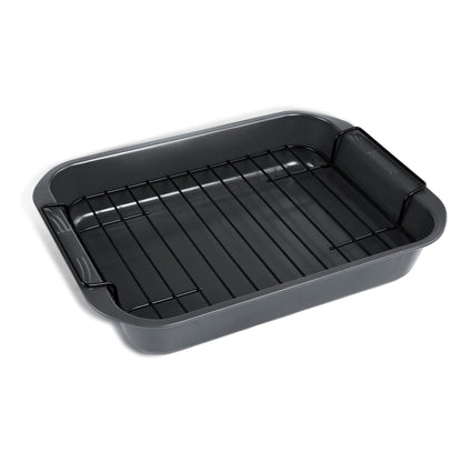 kitCom Bakeware Nonstick Roaster, Nonstick Roasting Pan with Rack, Great For Roast Chicken, Roasts And Turkeys - 15 Inch x 11 Inch (5.8 QT), Gray - CookCave